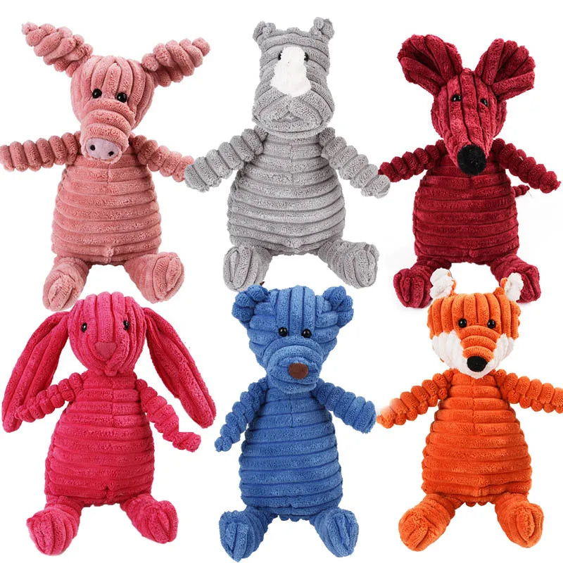 Juguete de pana con forma de animal para perros. Resistente a mordidas y con sonido.