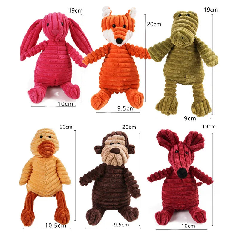 Juguete de pana con forma de animal para perros. Resistente a mordidas y con sonido.