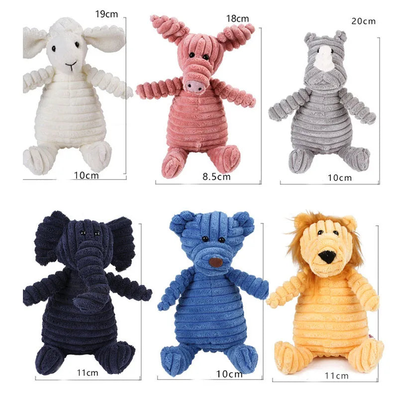Juguete de pana con forma de animal para perros. Resistente a mordidas y con sonido.