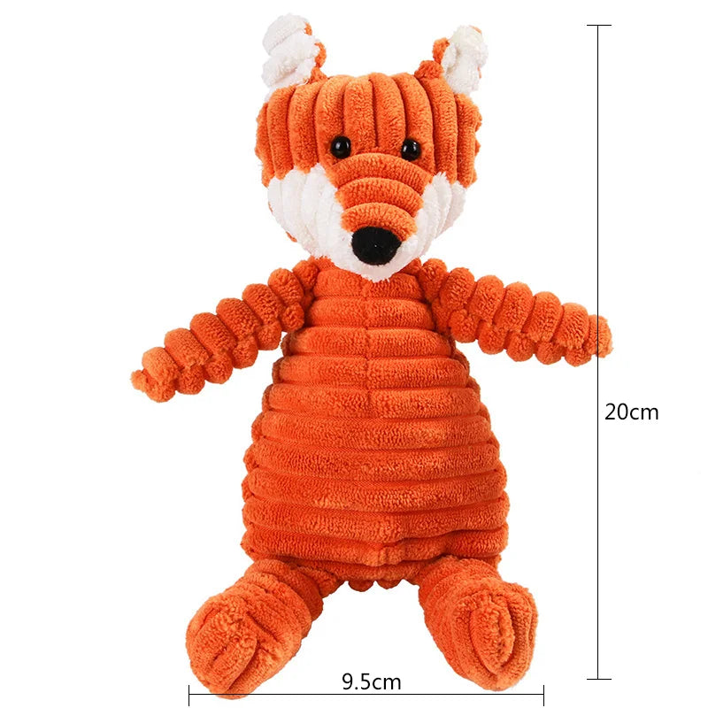 Juguete de pana con forma de animal para perros. Resistente a mordidas y con sonido.