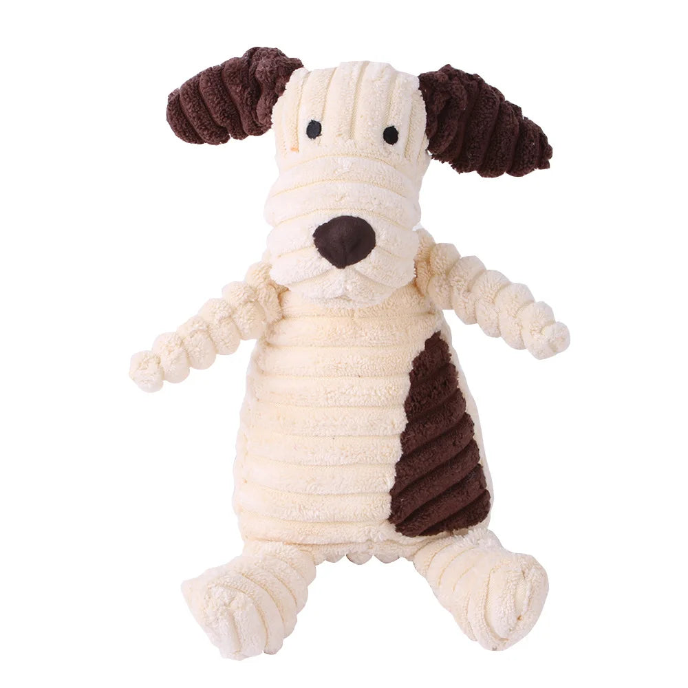 Juguete de pana con forma de animal para perros. Resistente a mordidas y con sonido.