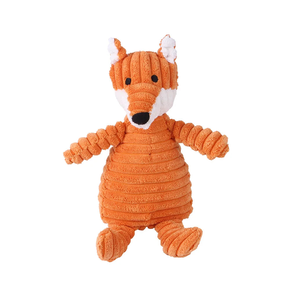 Juguete de pana con forma de animal para perros. Resistente a mordidas y con sonido.