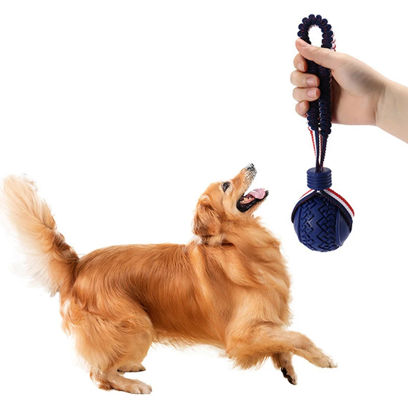 Pelota de juguete para perros con cuerda. Dientes limpios, resistente a mordidas e ideal para entrenar.