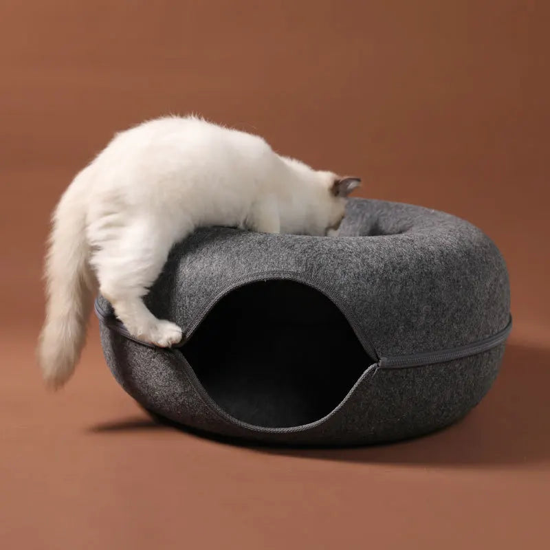 Cama túnel para gatos, con forma de dona. Juguete interactivo de fieltro para 2 gatitos.