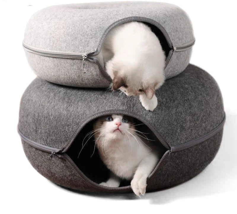 Cama túnel para gatos, con forma de dona. Juguete interactivo de fieltro para 2 gatitos.
