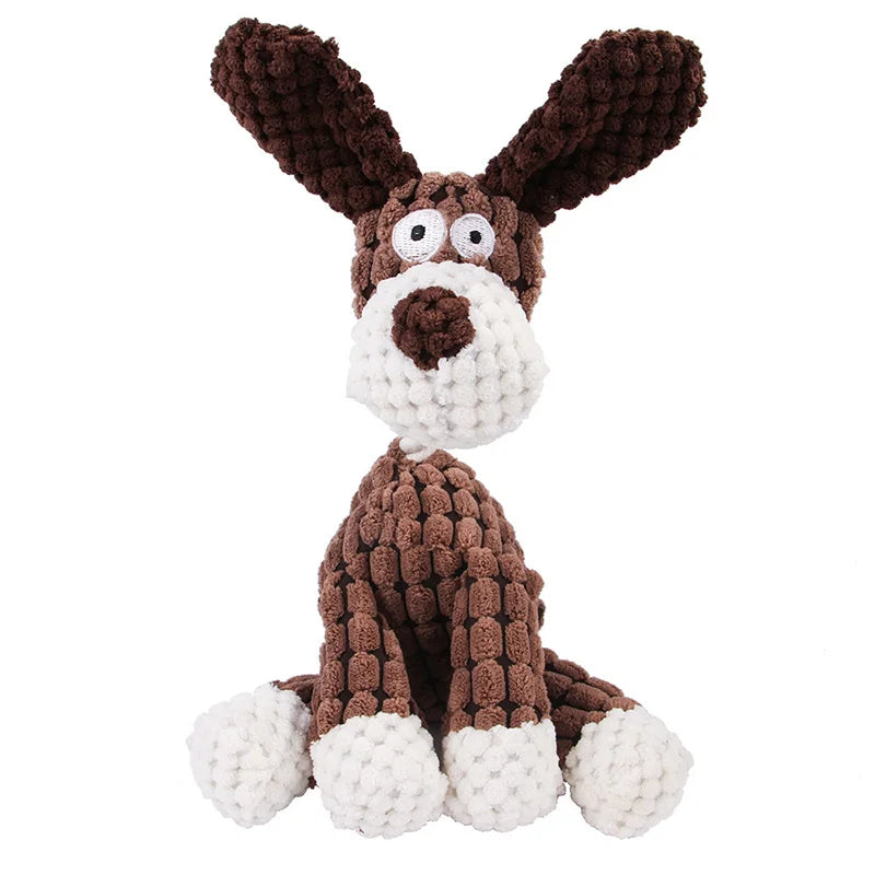 Juguete de pana con forma de animal para perros. Resistente a mordidas y con sonido.