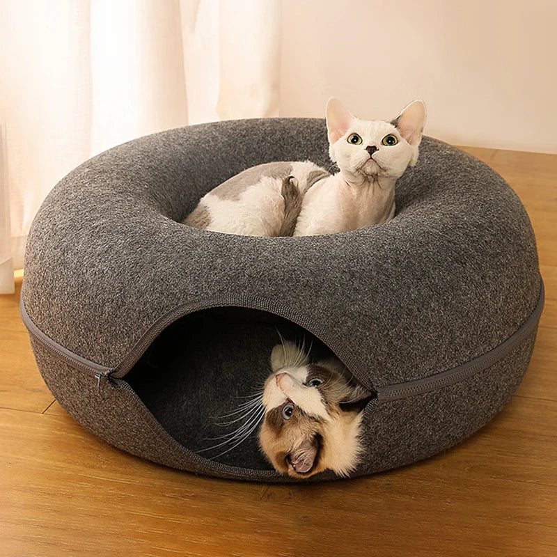 Cama túnel para gatos, con forma de dona. Juguete interactivo de fieltro para 2 gatitos.