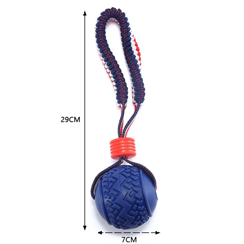Pelota de juguete para perros con cuerda. Dientes limpios, resistente a mordidas e ideal para entrenar.