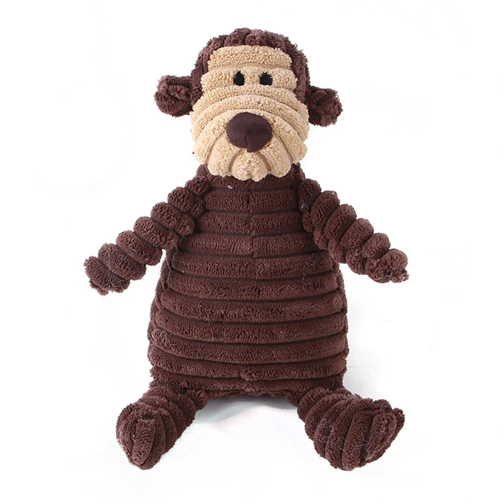 Juguete de pana con forma de animal para perros. Resistente a mordidas y con sonido.