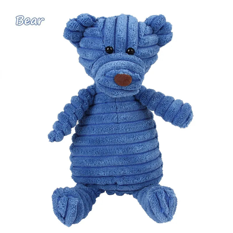 Juguete de pana con forma de animal para perros. Resistente a mordidas y con sonido.