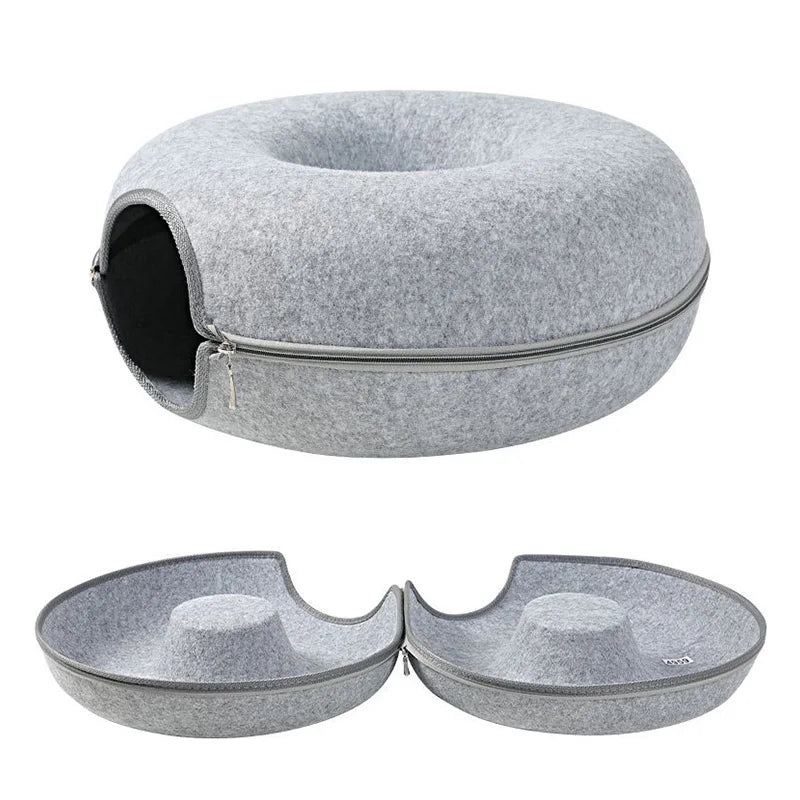 Cama túnel para gatos, con forma de dona. Juguete interactivo de fieltro para 2 gatitos.