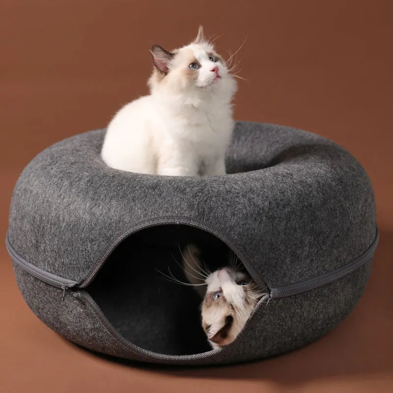 Cama túnel para gatos, con forma de dona. Juguete interactivo de fieltro para 2 gatitos.