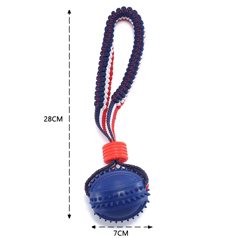 Pelota de juguete para perros con cuerda. Dientes limpios, resistente a mordidas e ideal para entrenar.